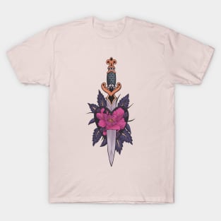 Gothic Sword and Floral Heart Tattoo - Pink Version T-Shirt